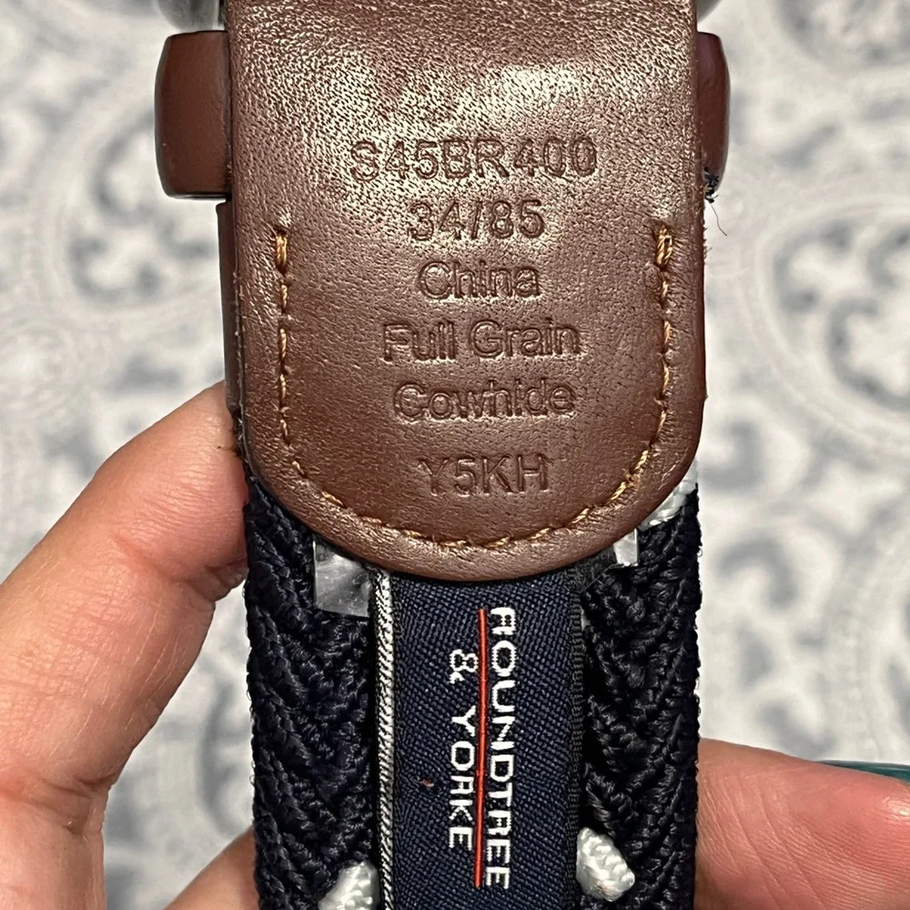 Braided Navy and White Womens Fabric Belt with Brown Leather Trim
